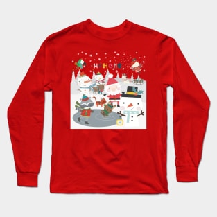 Fun greeting card with Santa and friends having a Christmas party outside Long Sleeve T-Shirt